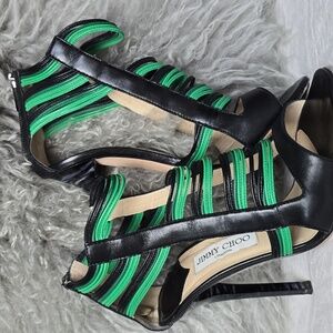 Jimmy Choo Black/Green Leather Corsica Ankle Strap Sandals Size 37.5